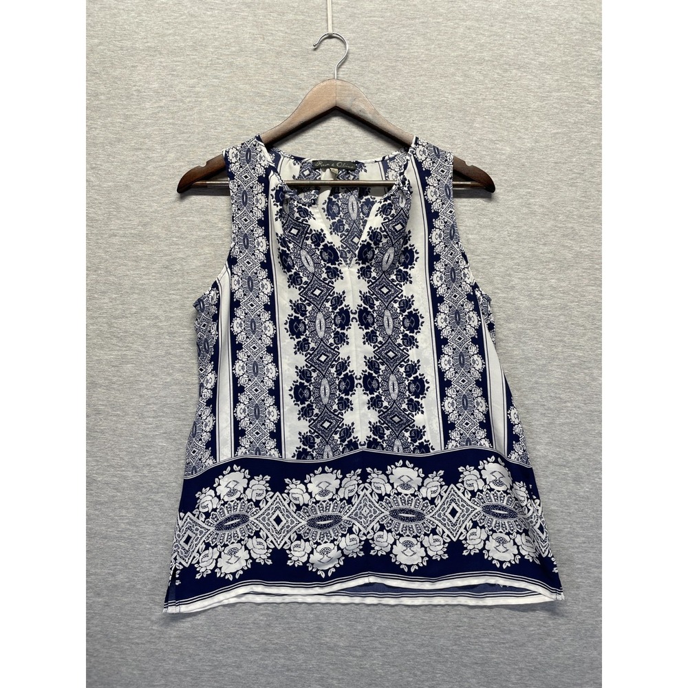 Rose & Oliveβ Blouse Top Womens M Blue White Medallion Floral Sleeveless V Neck